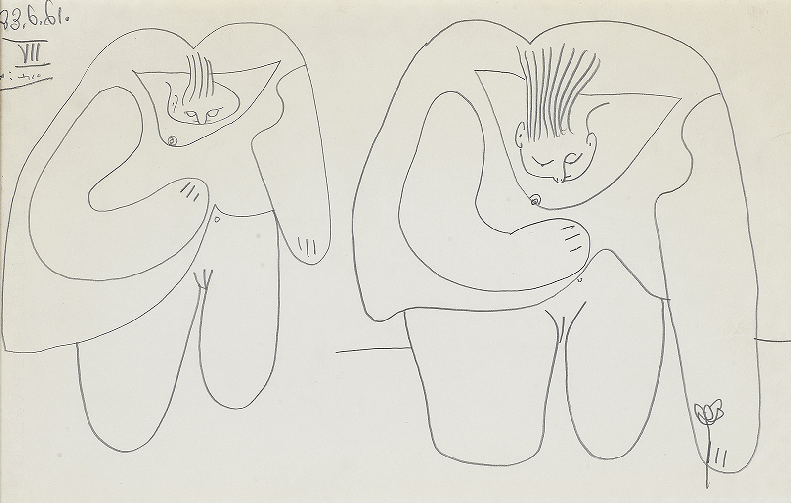 Pablo Picasso (Spanish, 1881–1973), Études VII (d'après Manet), 1961, graphite on les Annonay (watermarked) paper, 17.75" x 23.5". Provenance: Alex Maguy, Paris; Estate of Liselotte Weber (Burlingame, CA). Exhibited: Alex Maguy Galerie de L’Élysée, Hommage à Picasso, November 19–December 25, 1966. Reference: Zervos XX:50.Sold: $150,000.