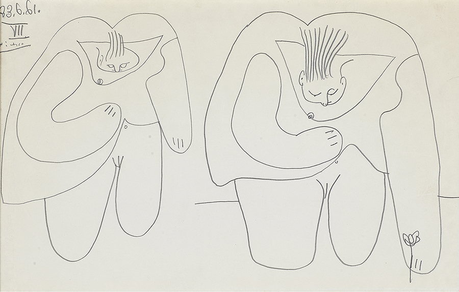 Pablo Picasso (Spanish, 1881–1973), Etudes VII (d'apres Manet), 1961, graphite on les Annonay (watermarked) paper, 17.75" x 23.5". Provenance: Alex Maguy, Paris; Estate of Liselotte Weber (Burlingame, CA). Exhibited: Alex Maguy Galerie de L’Élysée, Hommage à Picasso, November 19–December 25, 1966. Reference: Zervos XX:50.Estimate: $100,000–$150,000.