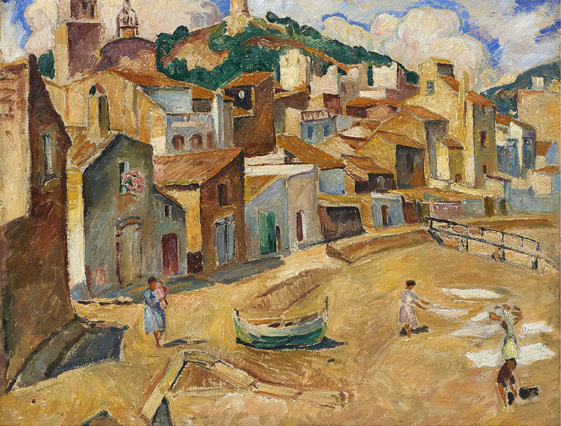 Mela Muter (Polish/French, 1876–1967), Fishing Town with Women on Beach/Seascape with Trees (verso), oil on canvas (double-sided), 19.5" x 25.5".Estimate: $50,000–70,000.