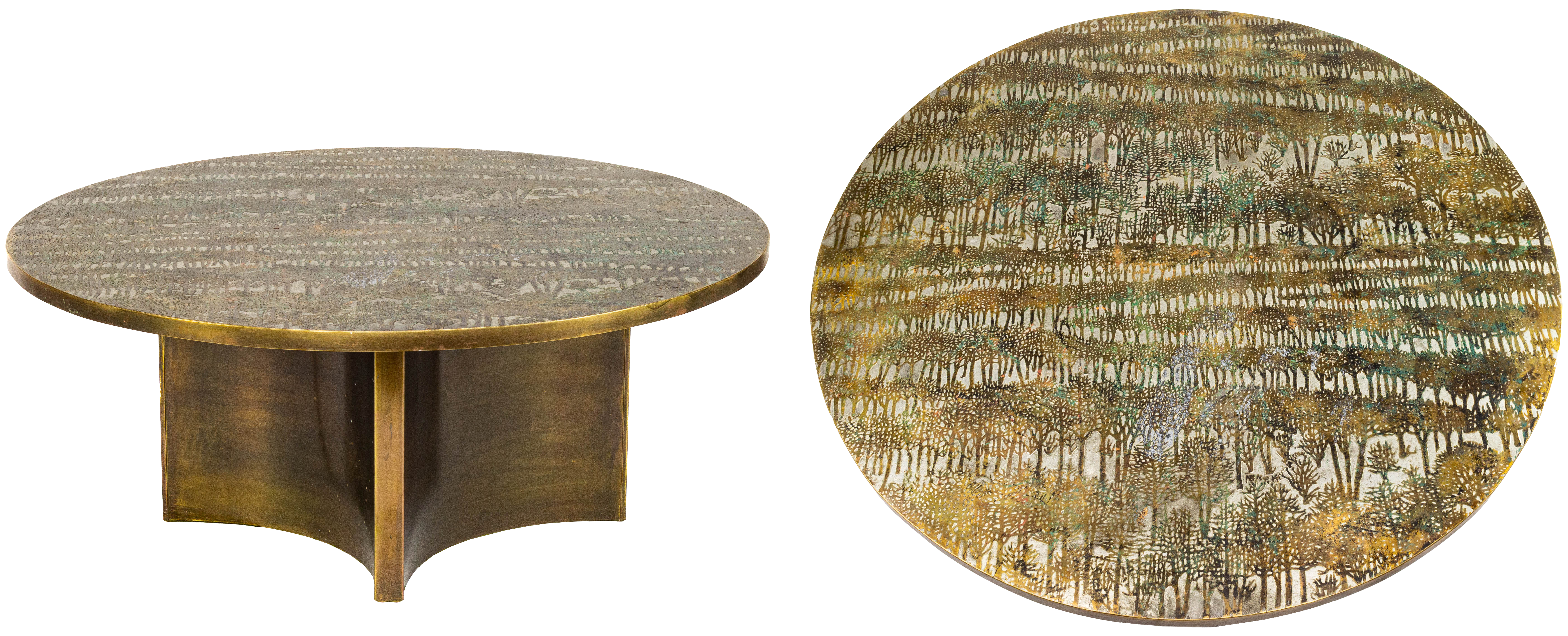 Philip and Kevin LaVerne, Eternal Forest coffee table, USA, circa 1969, acid-etched and enameled patinated brass over pewter over wood. Right: top view.
