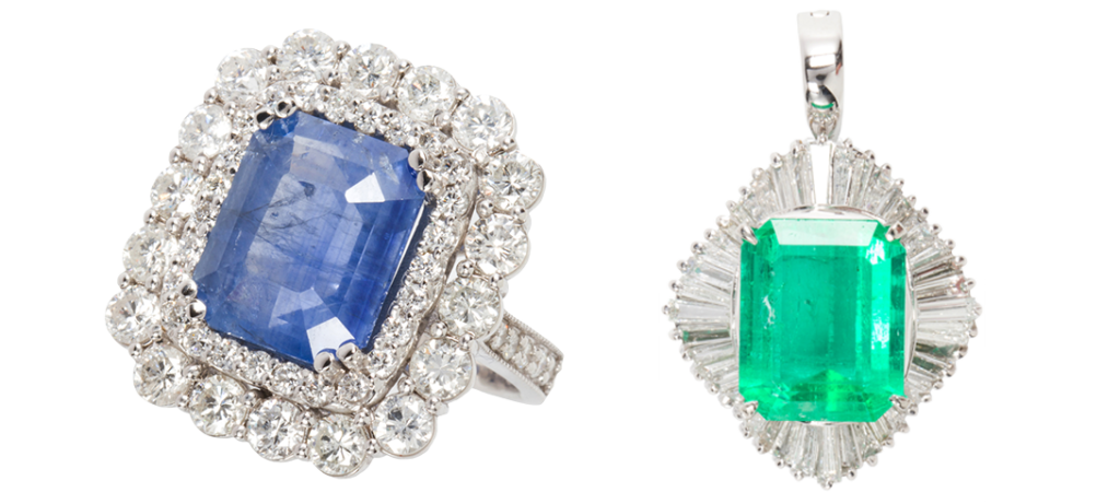 Left: A Ceylon sapphire and diamond ring.<br>Right: A Colombian emerald, diamond and platinum pendant.