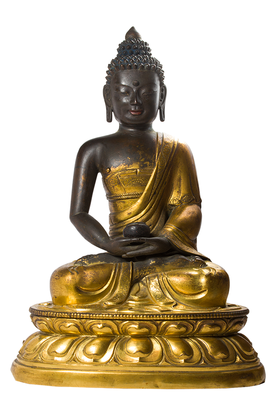 Chinese parcel-gilt copper alloy repousse figure of the Medicine Buddha.