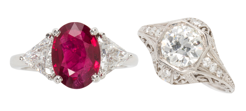 Left: A Burma ruby, diamond and eighteen karat white gold ring.<br>Right: An Art Deco diamond and platinum ring.