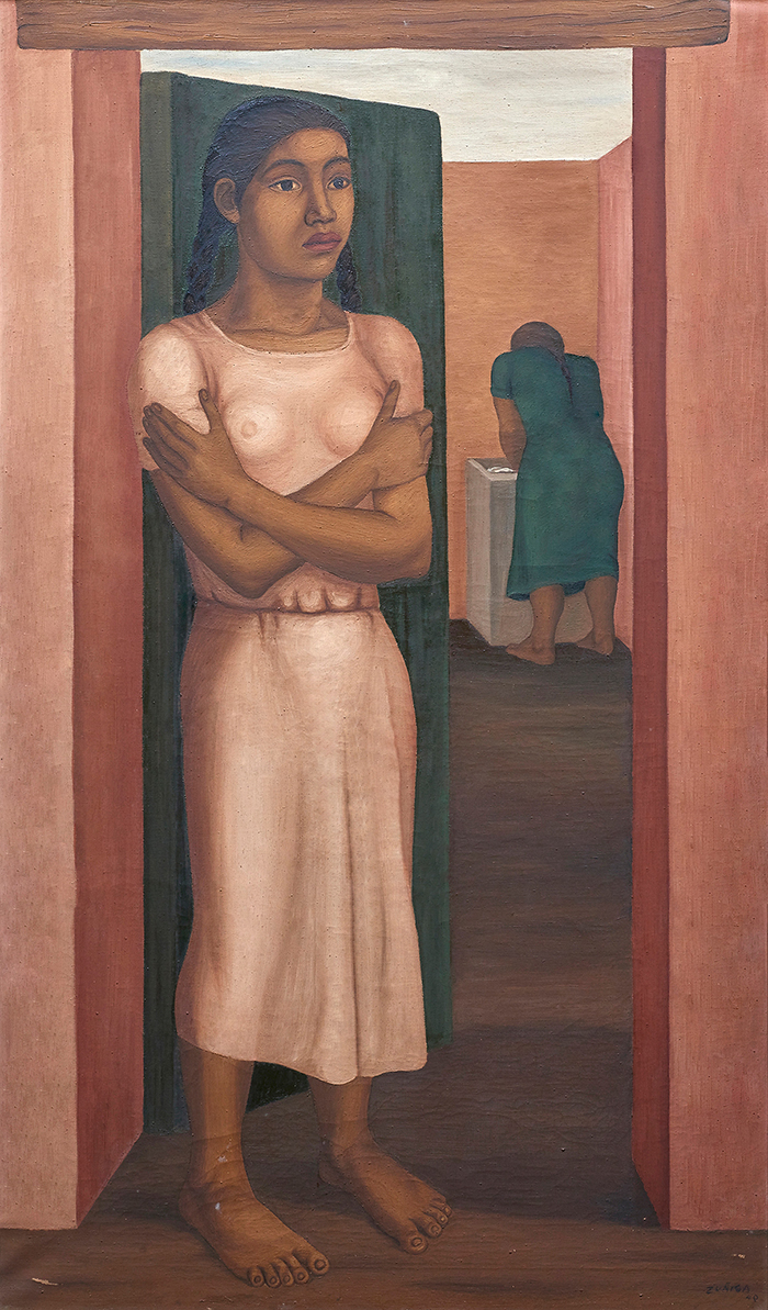 Francisco Zuniga (Mexican, 1912–1998), "Young Woman at the Threshold," 1940, oil on canvas, 50.38" h x 31.13" w Ref: Zuniga, Ariel "Francisco Zuniga, Catalogue Raisonne, Volume II, Oil Paintings, Prints & Reproductions 1927-1986 (2003)," #144 (Reproduced in B&W). Provenance: Estate of Ray and Barbara Wolfinger (Berkeley, California).