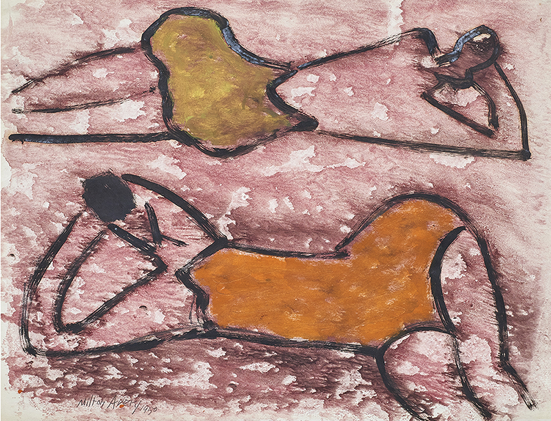 Milton Avery (American, 1885–1965), <em>Reclining Bathers</em>, 1950, color monotype with hand coloring in oil and gouache on cream wove paper, 17" x 22".<br><b>Estimate: $10,000–15,000.</b>