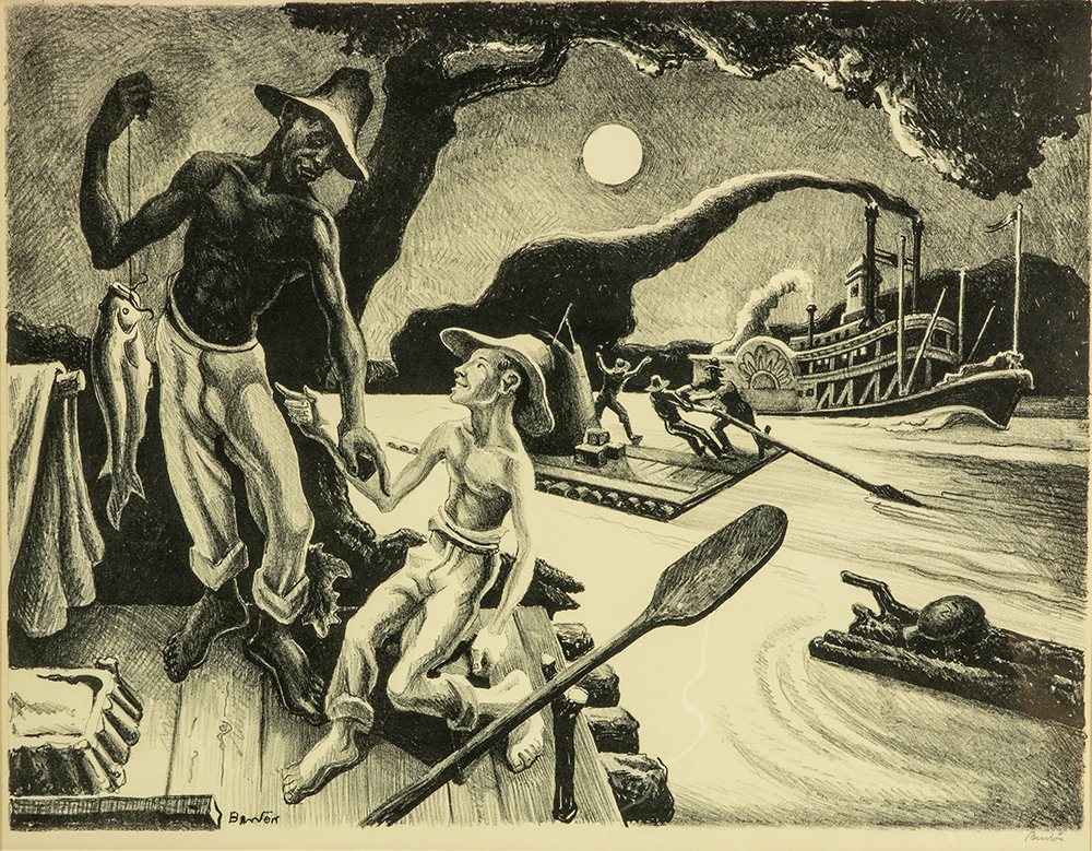 Thomas Hart Benton print: Thomas Hart Benton (American, 1889–1975), <em>Huck Finn</em>, 1936, stone lithograph, 16.5" x 21.75".<br><b>Estimate: $15,000–20,000.</b>