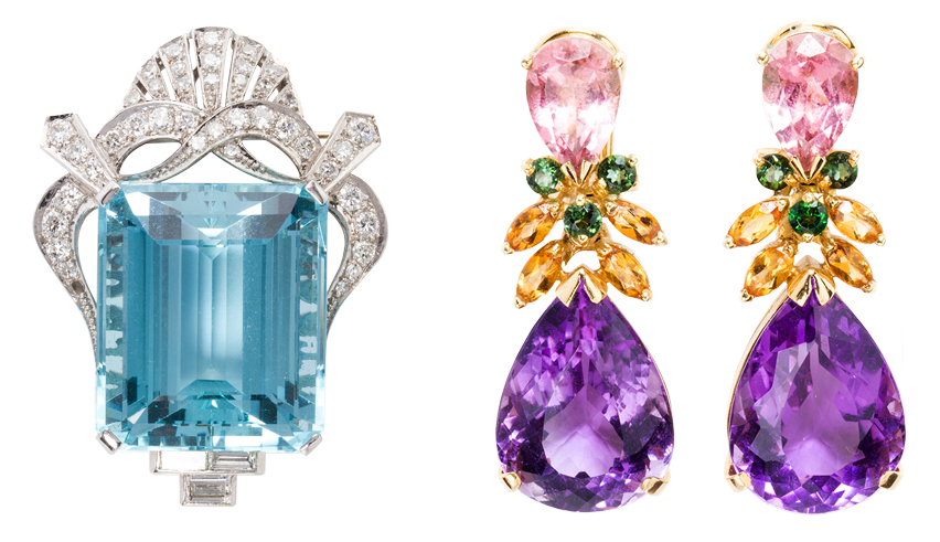 Left: A Retro aquamarine, diamond and platinum pendant brooch.<br>Right: A pair of gemstone and fourteen karat gold earrings.