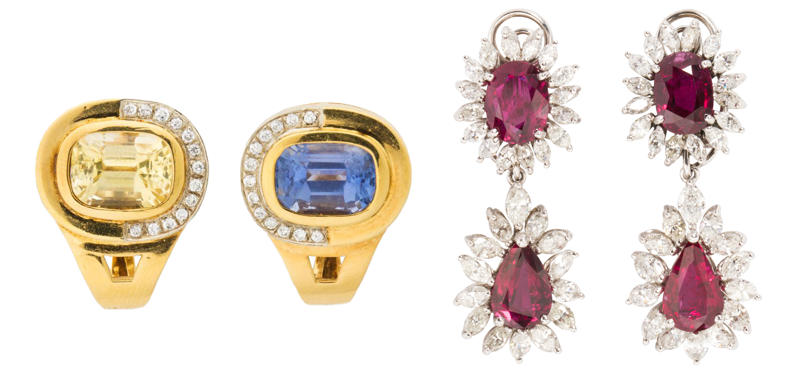 Left: A pair of multi-hued sapphire and eighteen karat gold earclips. <br>Right: A pair of ruby, diamond and platinum earrings.