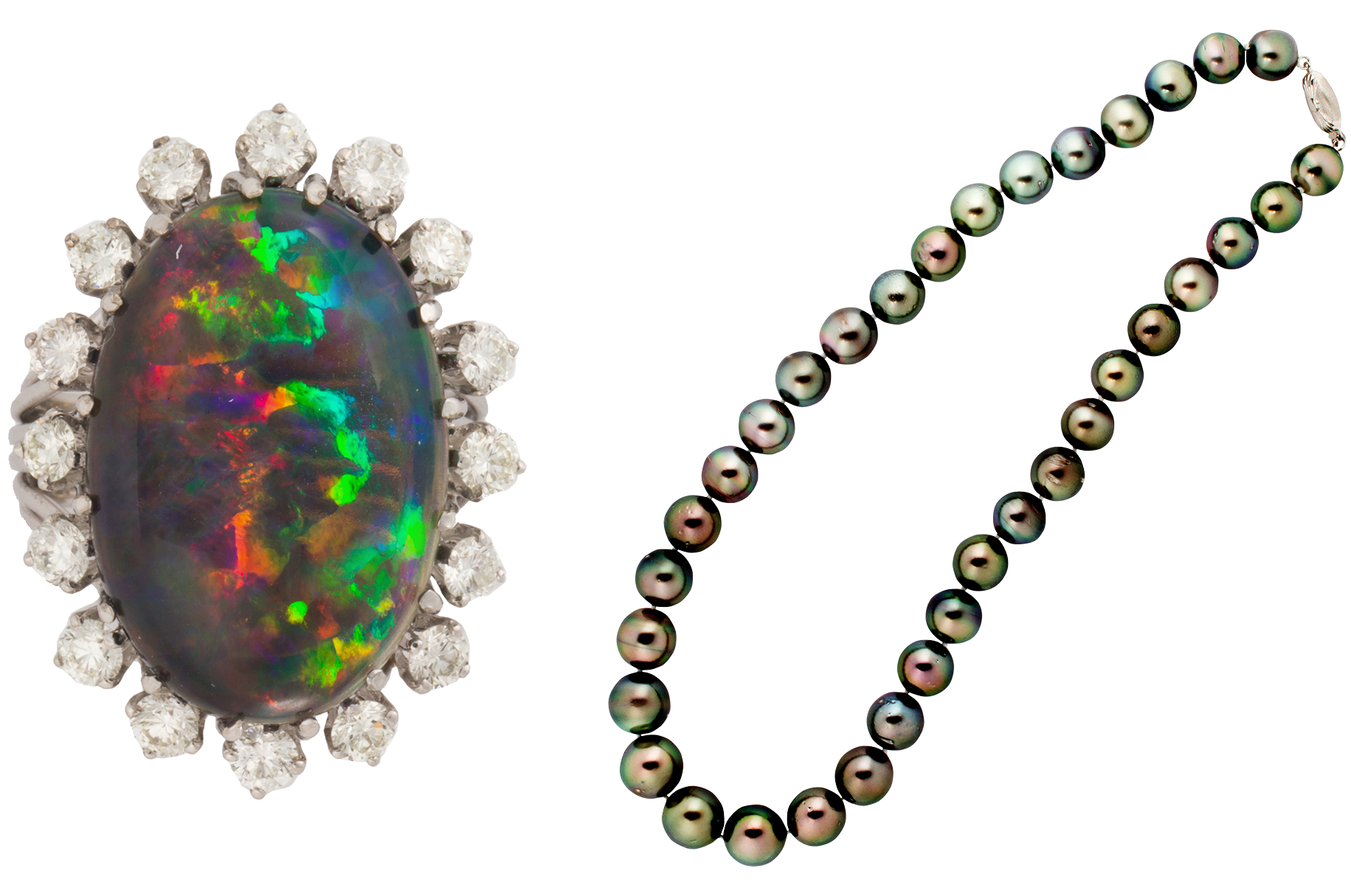 Left: A black opal, diamond and eighteen karat white gold ring.<br>Right: A Tahitian black South Sea pearl necklace.