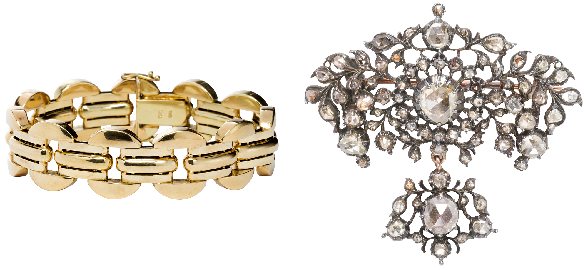 Left: A fourteen karat gold bracelet.<br>Right: A Georgian diamond and silver brooch.