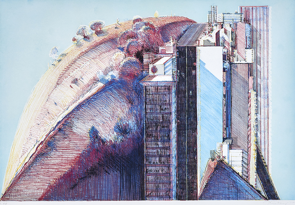 Wayne Thiebaud (American, 1920–2021), <em>Country City</em>, 1988, etching and aquatint in colors, 21.5" x 31.75". <b>Estimate: $18,000– $24,000.</b>