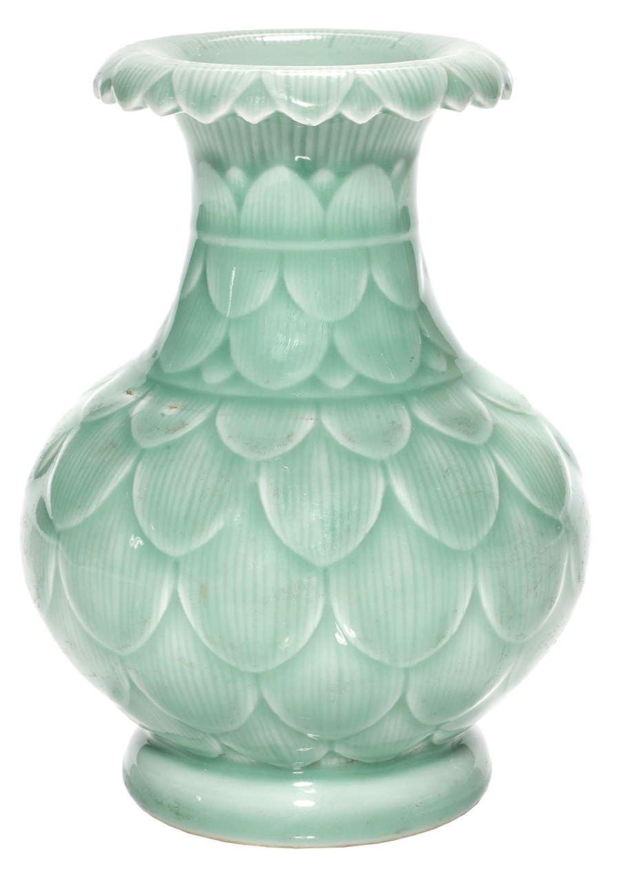 Chinese celadon-glazed carved vase.Estimate: $3,000–$5,000.