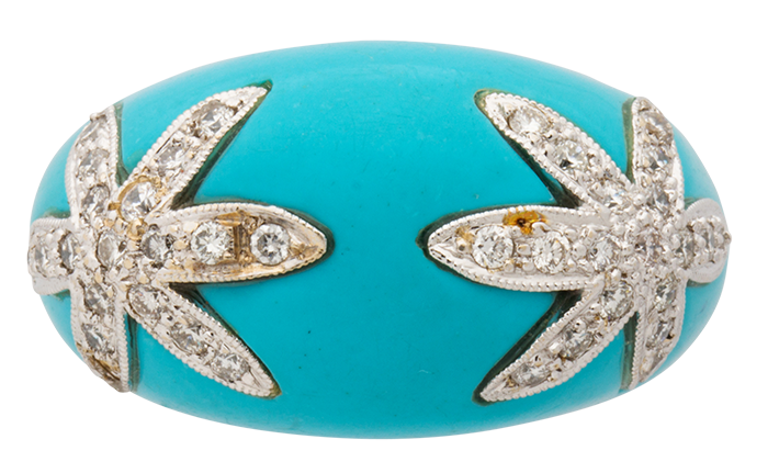A turquoise, diamond and eighteen karat white gold ring.