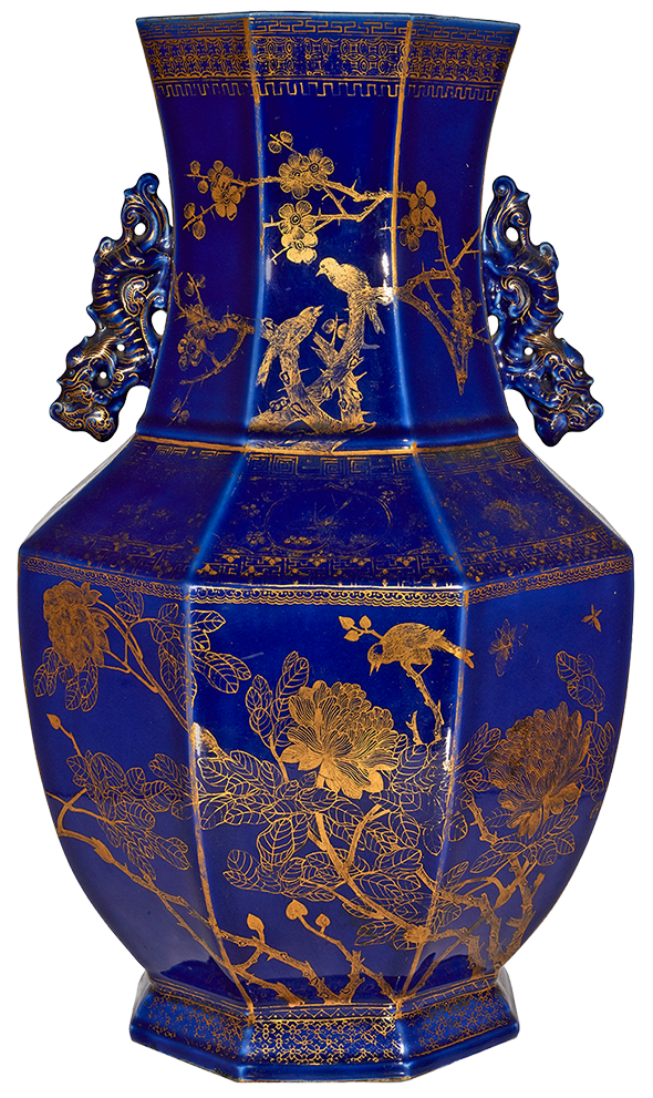 Chinese cobalt-blue-ground gilt-decorated vase.Estimate: $3,000–$5,000.