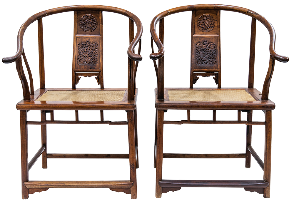 Pair of Chinese huanghuali horseshoe-back armchairs. Provenance: from San Francisco collection formed over five decades.Estimate: $30,000–$50,000.