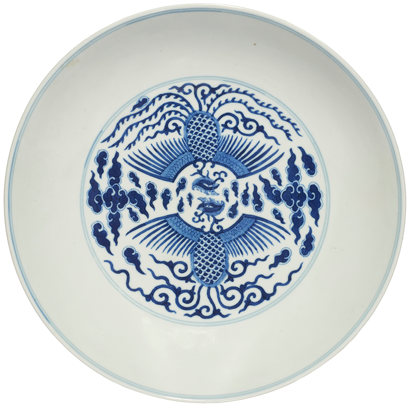 Chinese blue and white charger dish.<br><b>Estimate: $3,000–$5,000.</b>