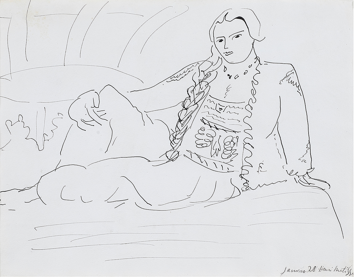 Henri Matisse (French, 1869–1954), <em>Odalisque</em>, 1928, black india ink on Arches paper, 10" x 13".