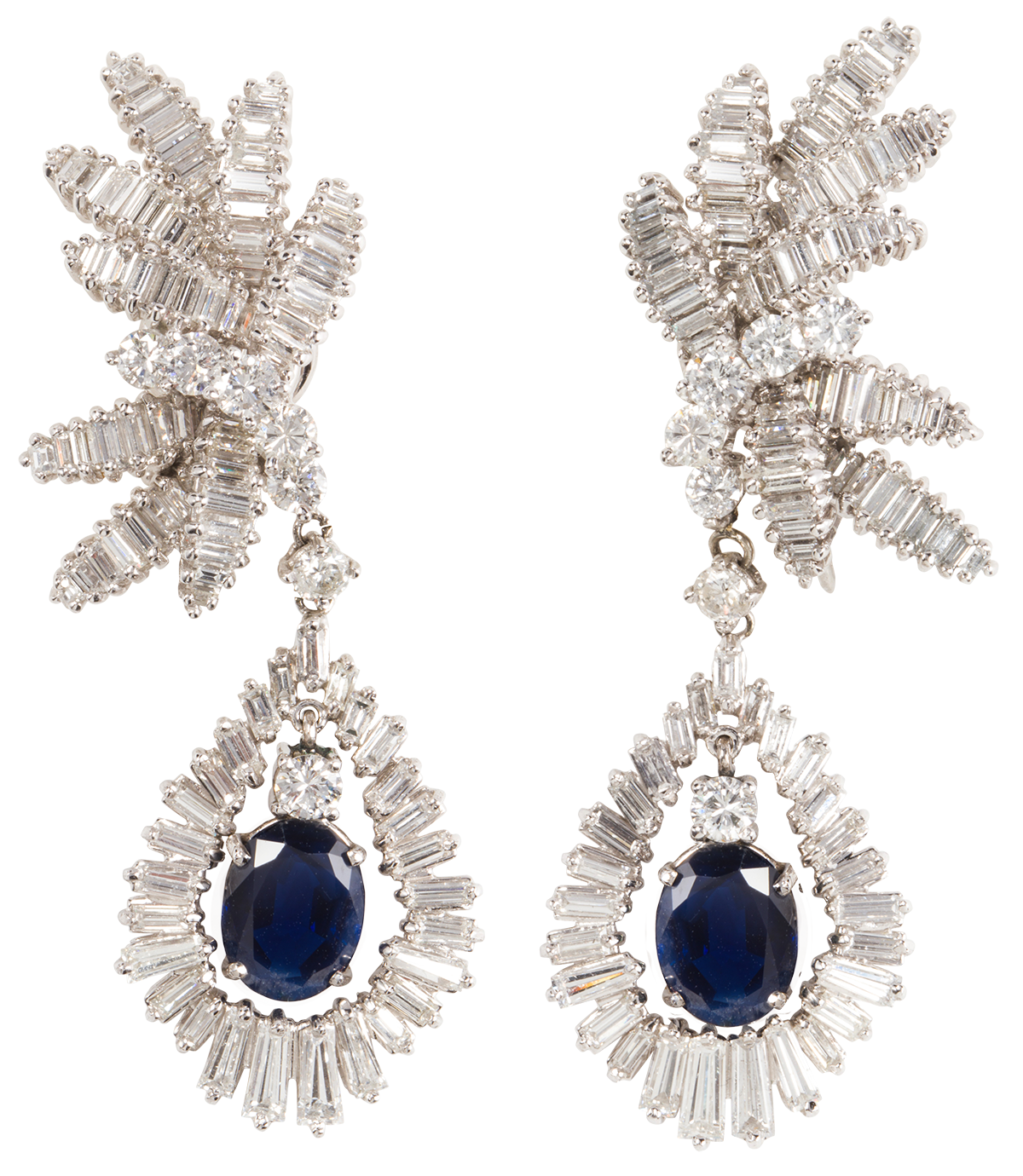 A pair of sapphire, diamond and platinum earrings.