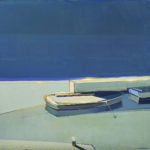 Raimonds Staprans (American/Latvian, b. 1926), Blue Boats, 1990, oil on canvas, 44" x 48".