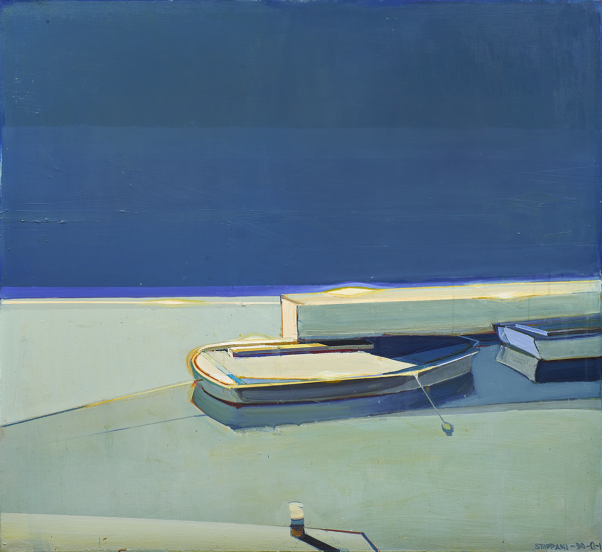 Raimonds Staprans (American/Latvian, b. 1926), <em>Blue Boats</em>, 1990, oil on canvas, 44" x 48".