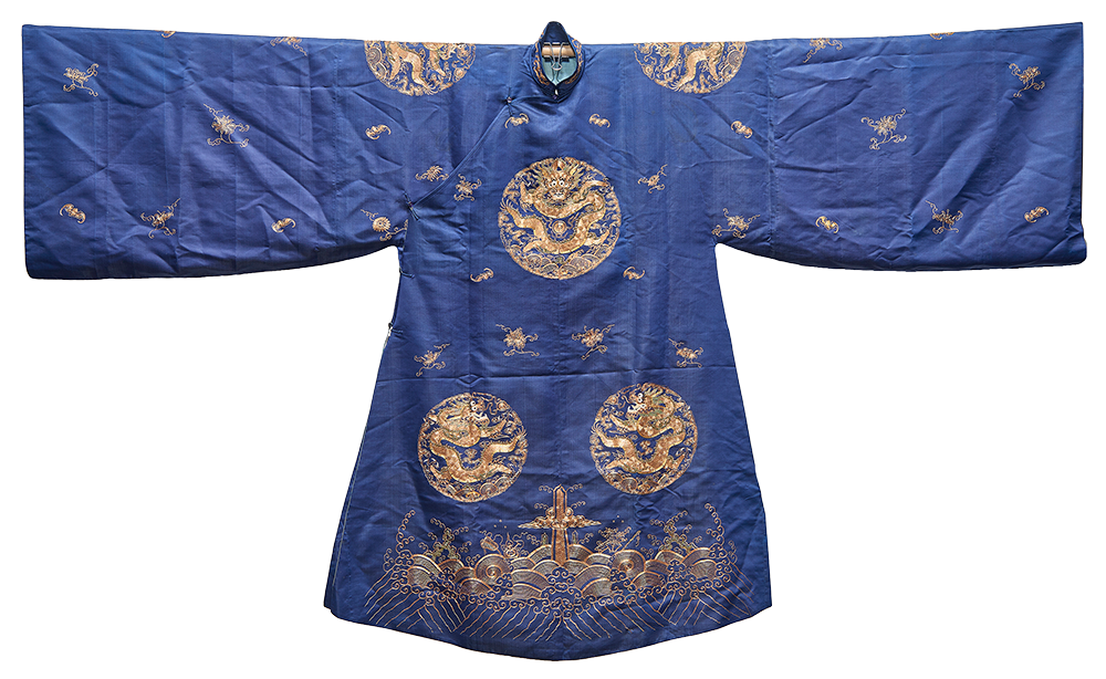 Chinese embroidered blue-ground ‘dragon’ robe.