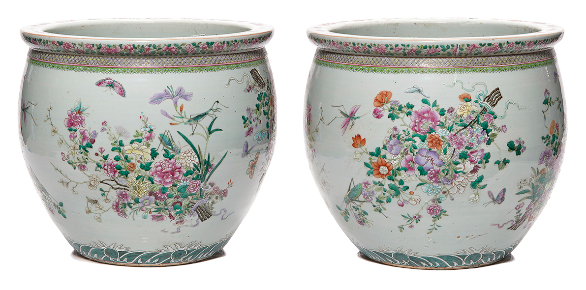 Pair of Chinese famille rose fish bowls.