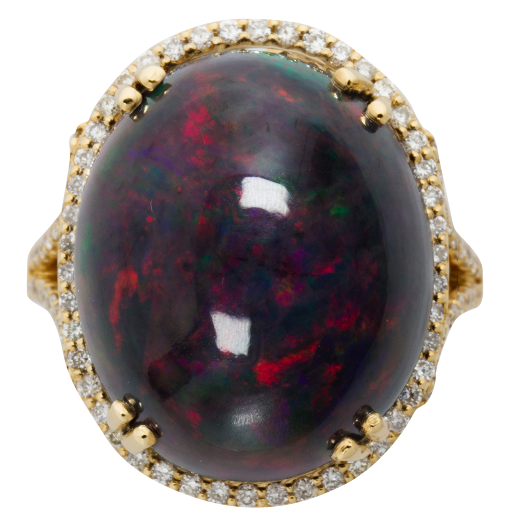 A black opal, diamond and fourteen karat gold ring.
