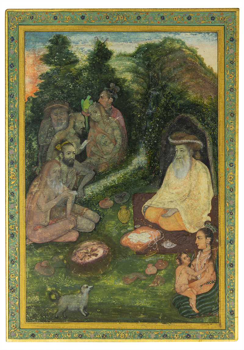 An Indian miniature painting, gouache on paper, depicting an ascetic before a cave attended by various figures, sight 9" x 6.5".