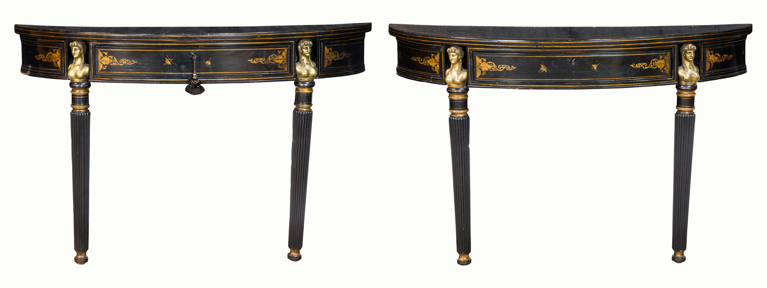 A rare pair of French brass inlaid and bronze mounted Demilune tables