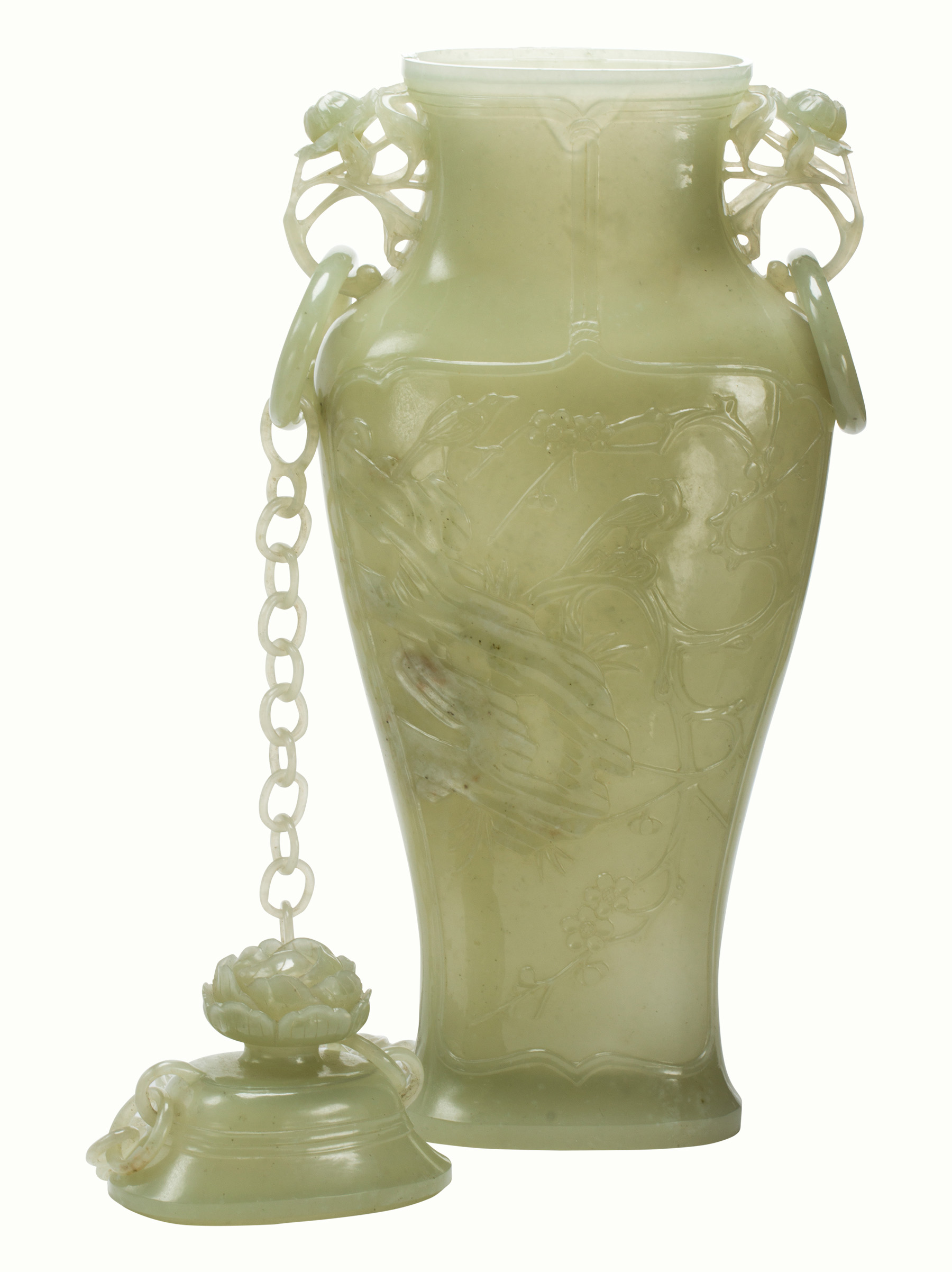 Mughal style celadon jade vase and linked cover.