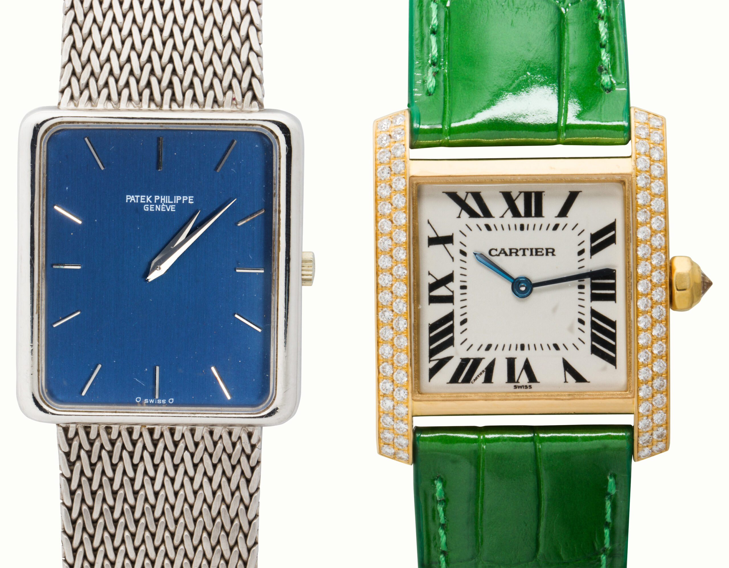 Patek Phillipe wristwatch and Cartier wristwatch.