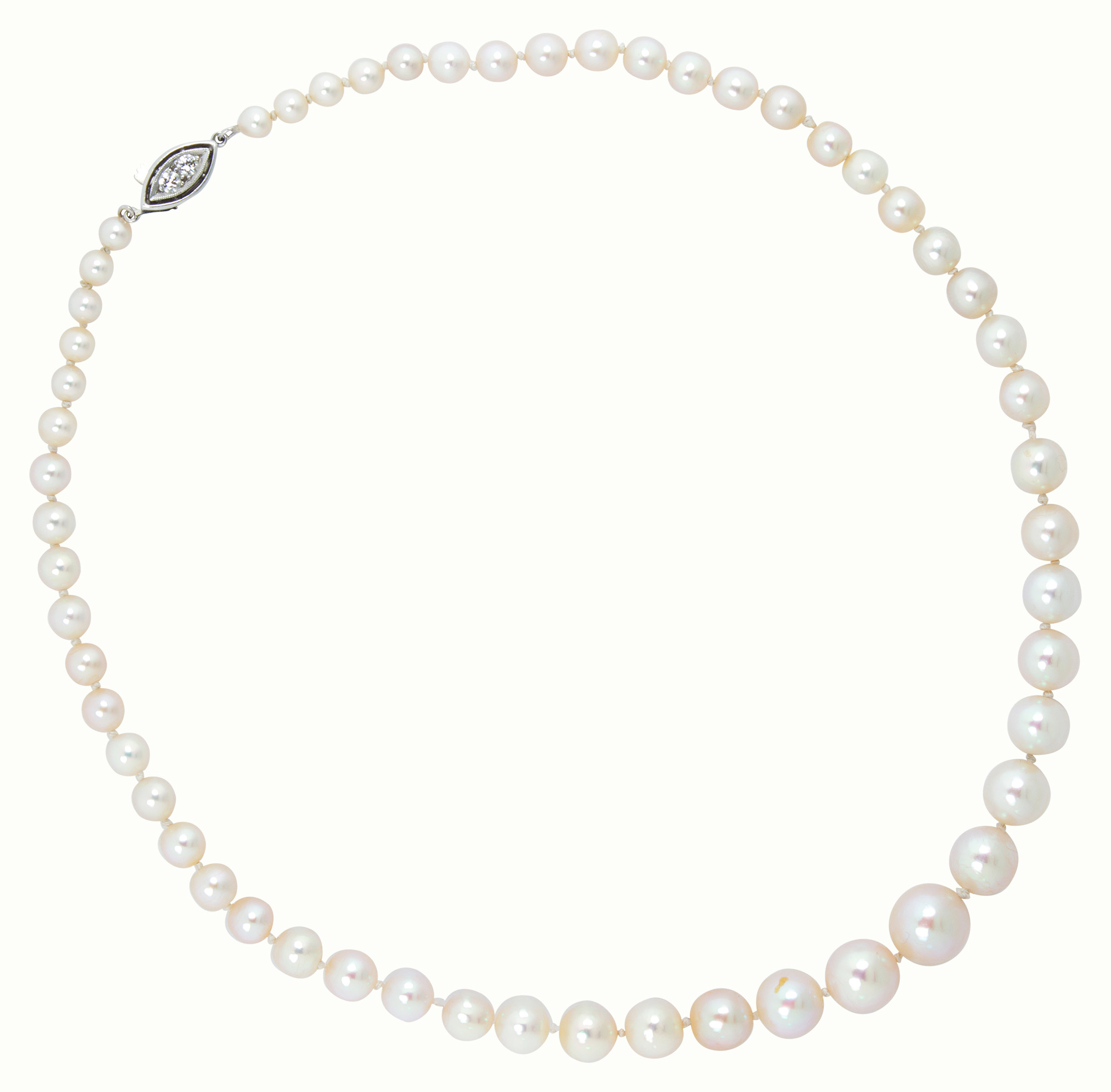 A natural pearl, diamond and platinum necklace. 