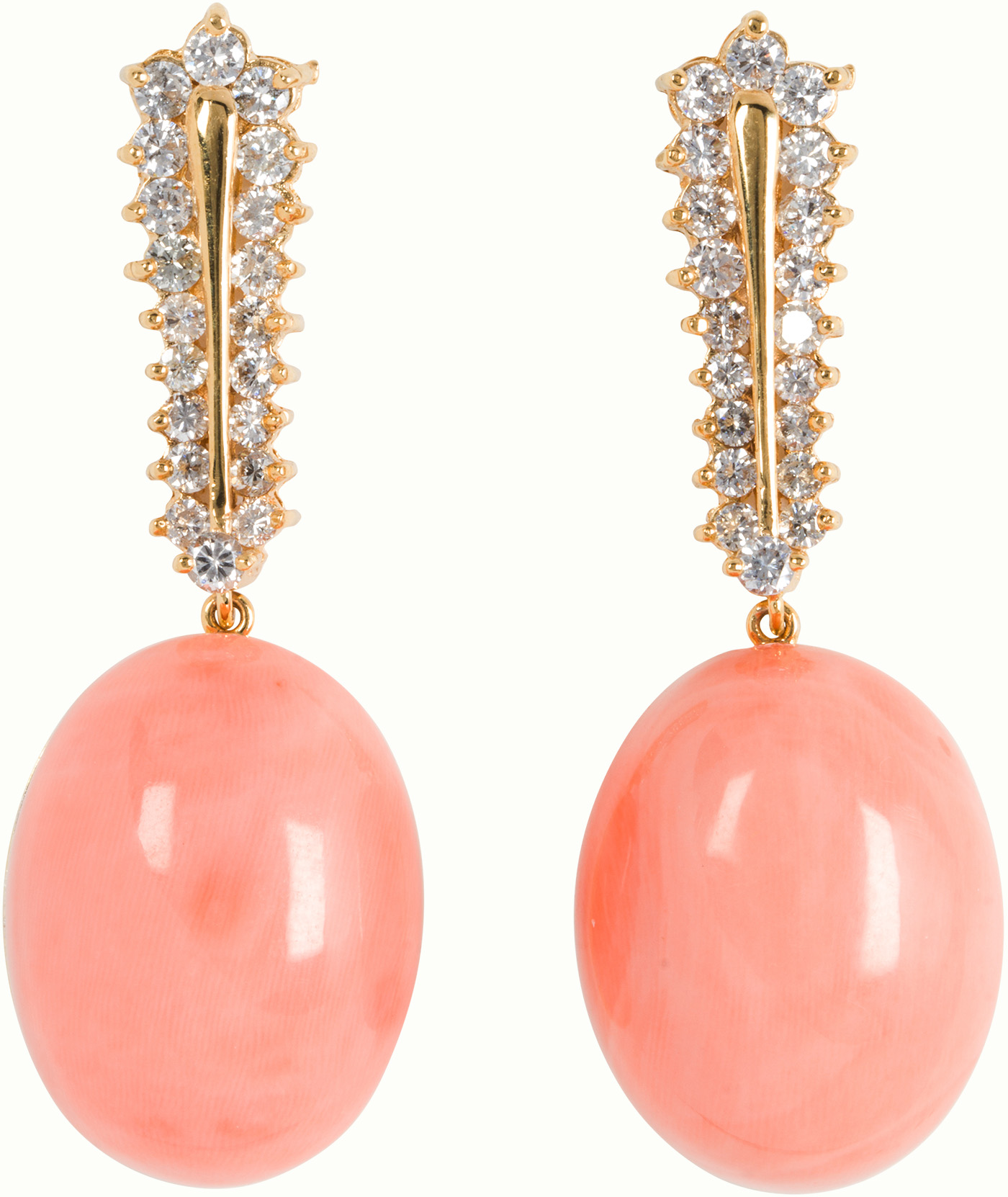 A pair of coral, diamond and fourteen karat gold earrings.
