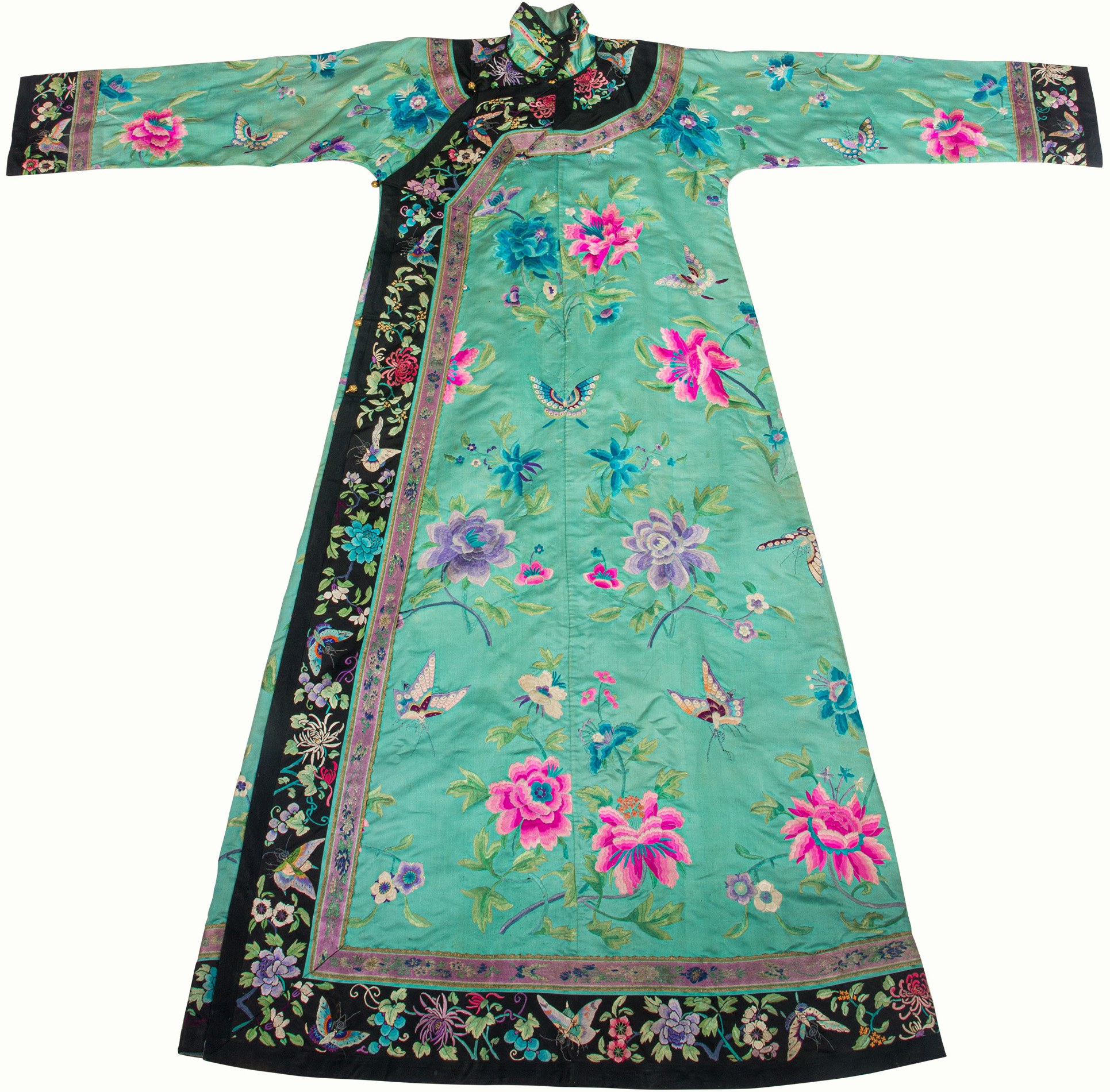 A Chinese embroidered lady's embroidered turquoise-ground silk robe.