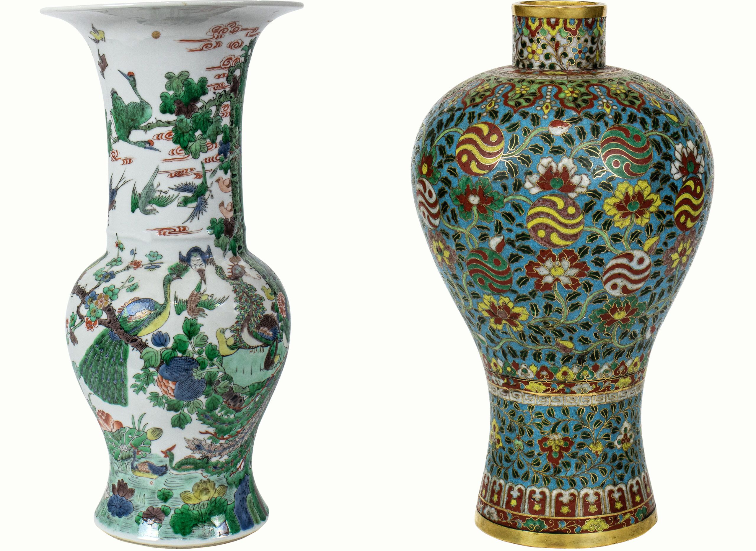 Left: A Chinese famille verte porcelain vase.Right: A Chinese cloisonné enamel meiping vase.