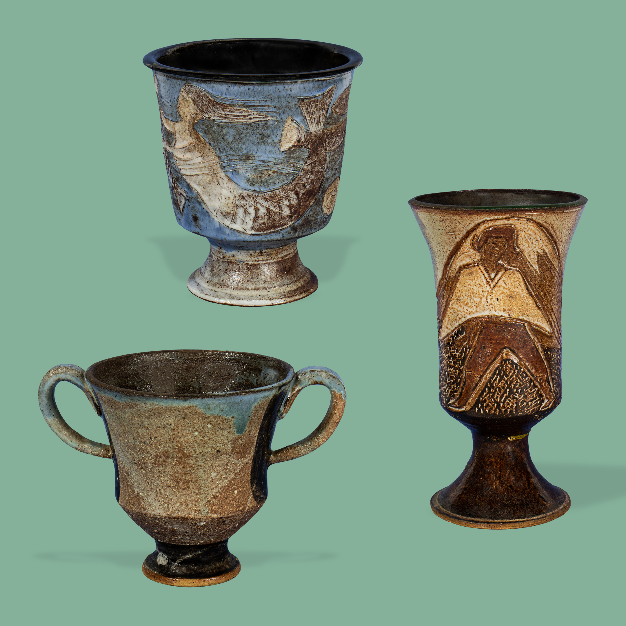 From left to right: A Marguerite Wildenhain chalice. A Marguerite Wildenhain Pond Farm Mermaid vase. A Marguerite Wildenhain Pond Farm Footed vase.