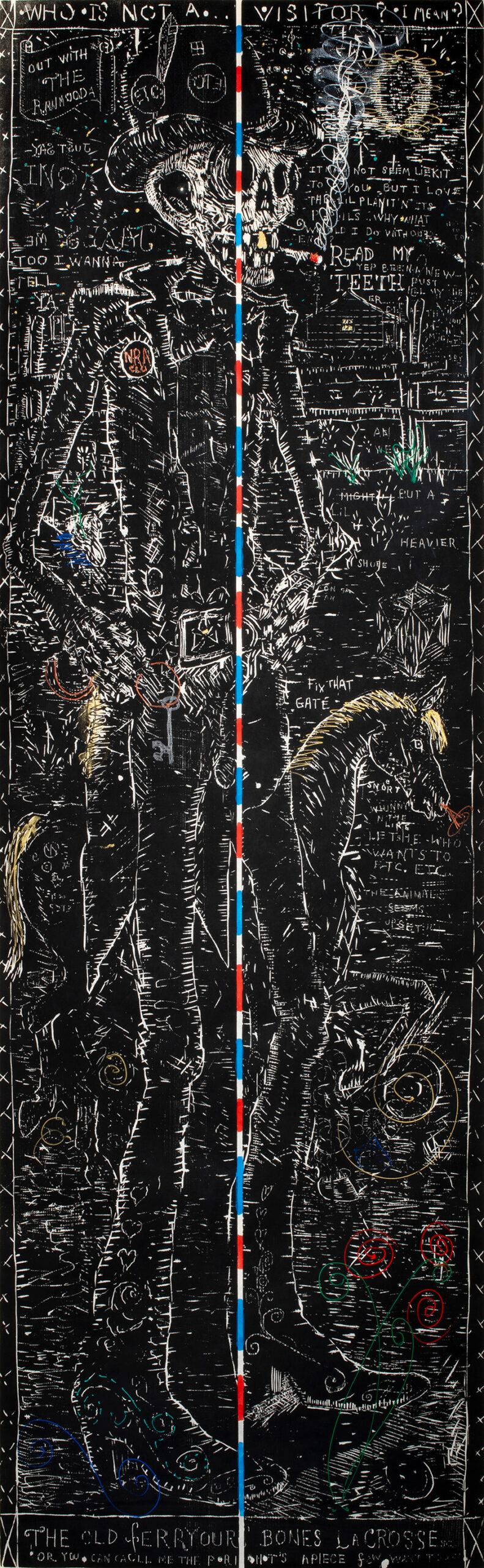 William T. Wiley, (American, 1937–2021), Mr. Bones, 1989, woodcut with hand coloring, 74&#8243 x 23&#8243.