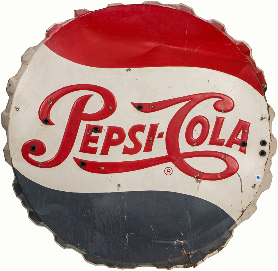 A large painted metal Pepsi-Cola bottlecap sign.