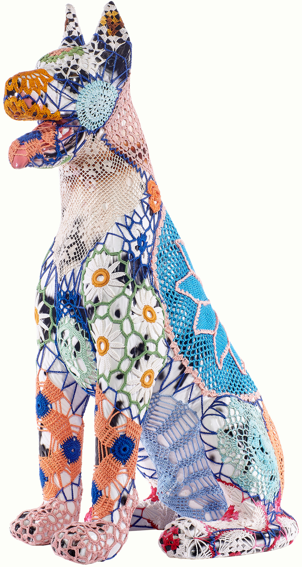 Joana Vasconcelos (French/Portuguese, b. 1971), Cesar, 2006, faience dog and handmade cotton crochet sculpture, 30.25″ x 12″ x 20″.