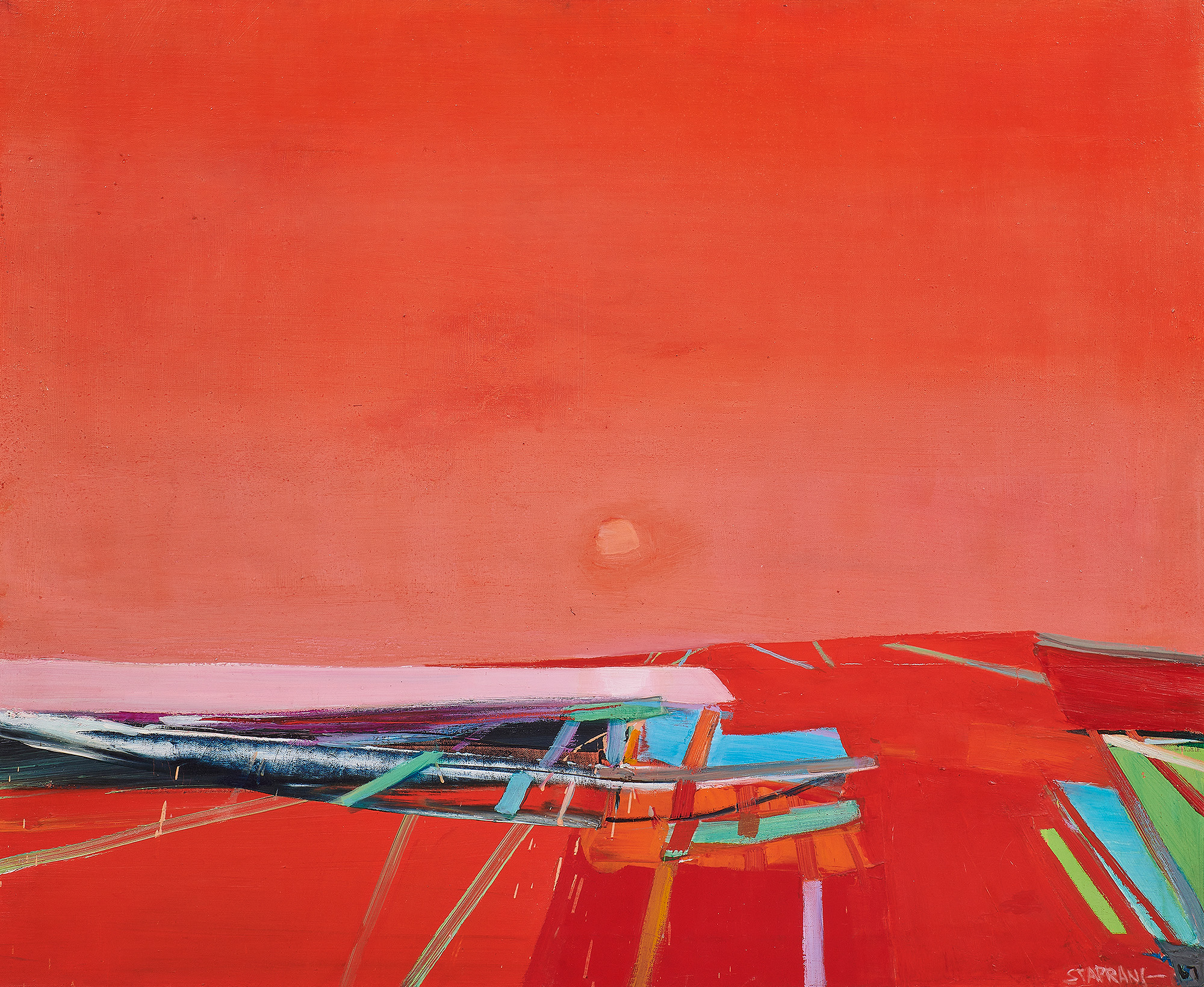 Raimonds Staprans (Latvian/American, b. 1926), Red Sun, 1967, oil on canvas, 28″ x 34″.