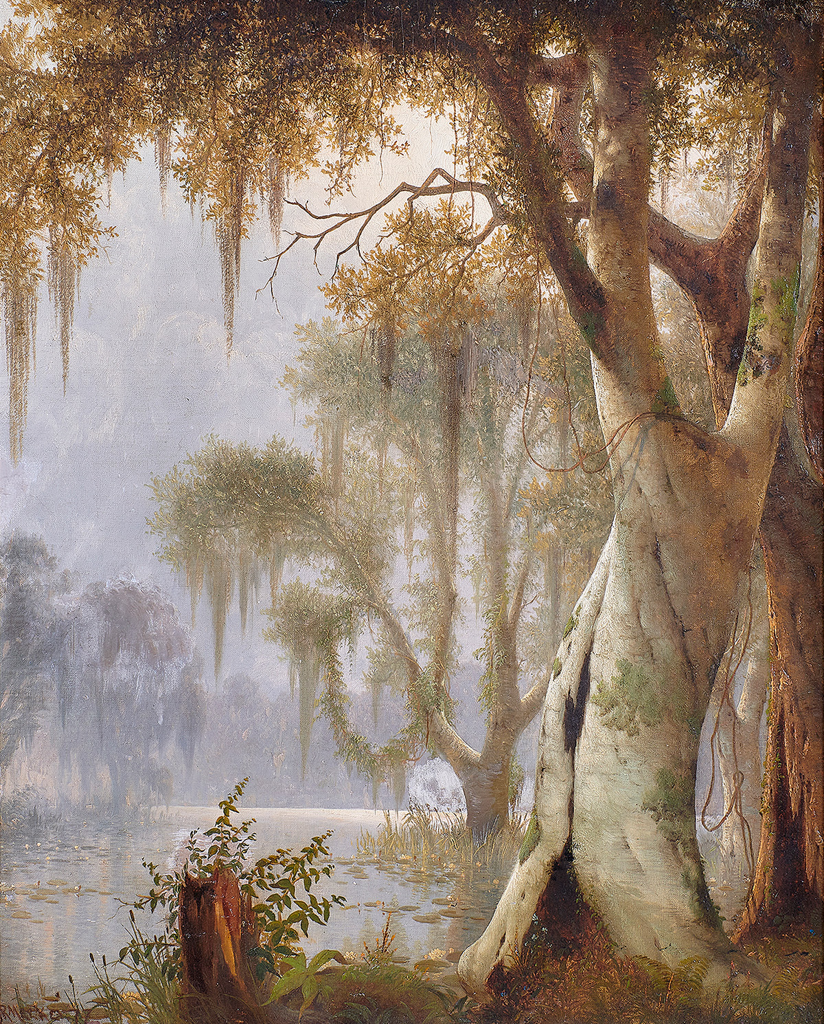 Joseph Rusling Meeker (American, 1827–1887), Bayou Barbary - Near Lake Maurepas, Louisiana, 1877, oil on canvas affixed to masonite, 30″ x 24.5″.