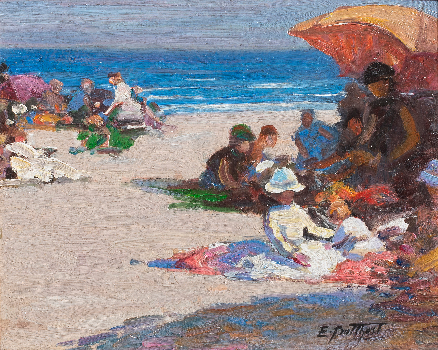Edward Henry Potthast (American, 1857–1927) At the Seashore, oil on masonite, 8″ x 10″.