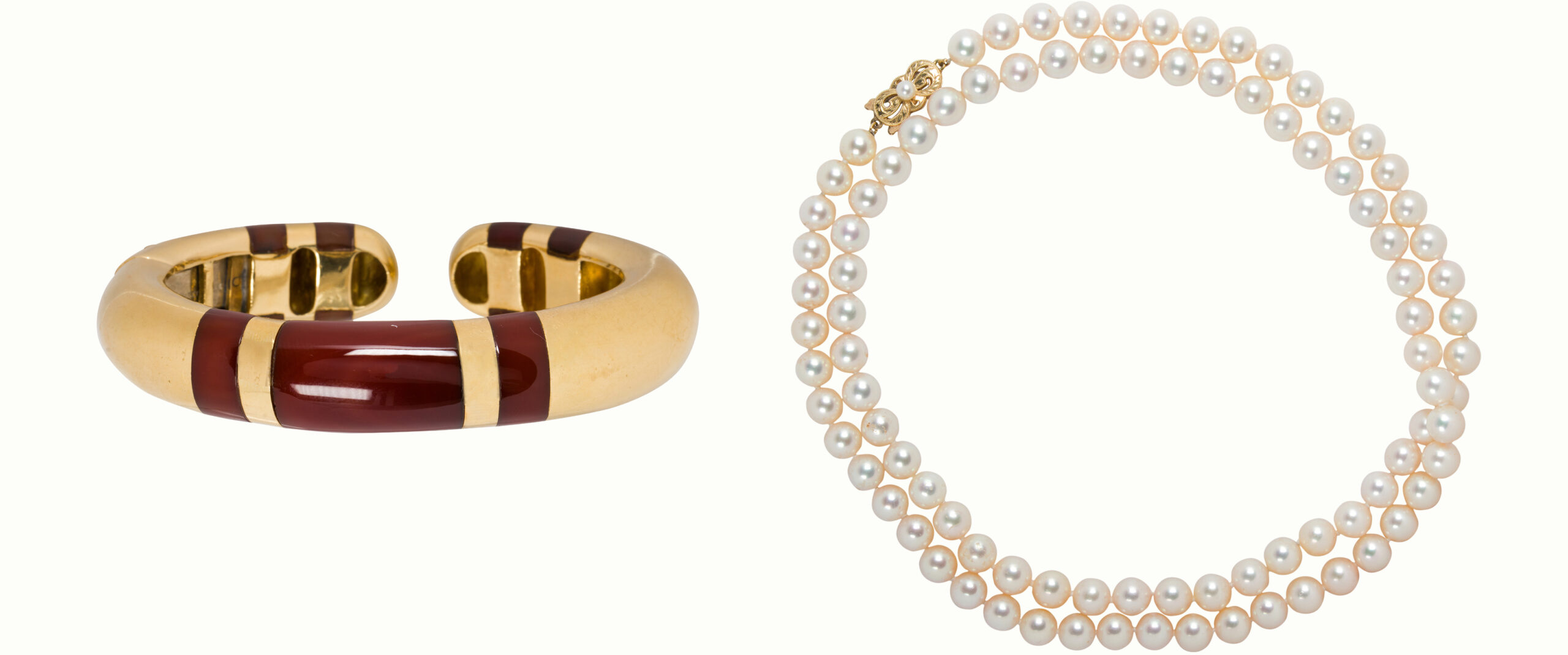 <b>Left:</b> A carnelian and 18k gold cuff, Sonia Younis for Tiffany & Co, circa 1973. <b>Right:</b> A cultured pearl and 18k gold necklace, Mikimoto.