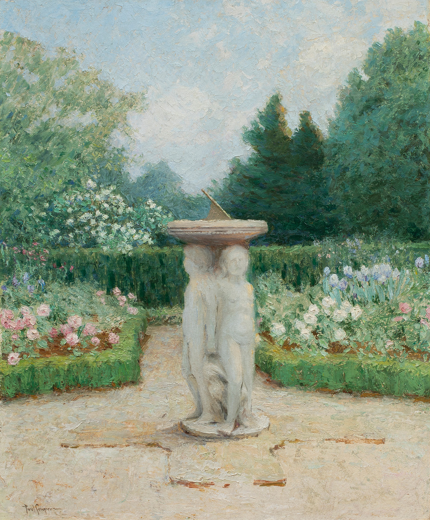 Paul Sawyier (American, 1865–1917), Fountain and Rose Garden, oil on panel, signed. Panel: 24″ x 20″. Provenance: Estate of Philip F. Schaefer/Fleishmann (New York).