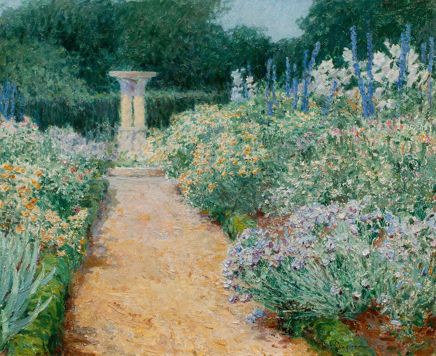 Paul Sawyier (American, 1865–1917), Garden with Fountain, oil on panel, signed. Panel: 20″ x 24″. Provenance: Estate of Philip F. Schaefer/Fleishmann (New York).