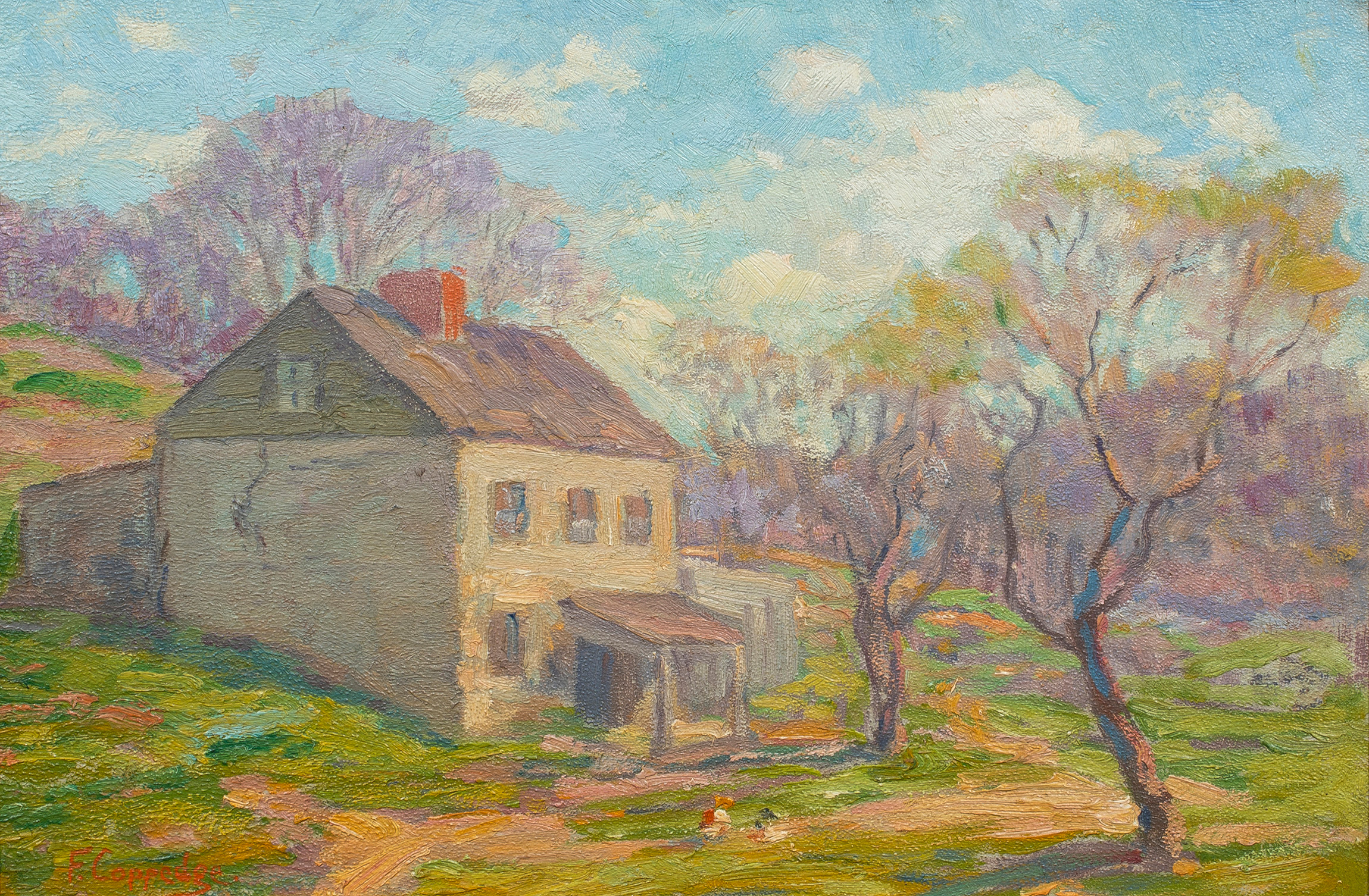 Fern Isabel Coppedge (American, 1883–1951), Springtime (Bucks County), oil on canvas board, 8.5″ x 12″.