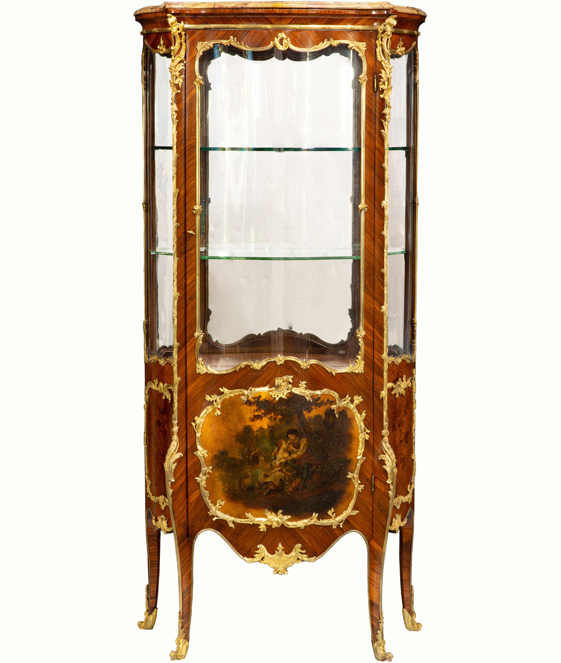 A Louis XV Vernis Martin style gilt bronze mounted kingwood cabinet, late 19th century.