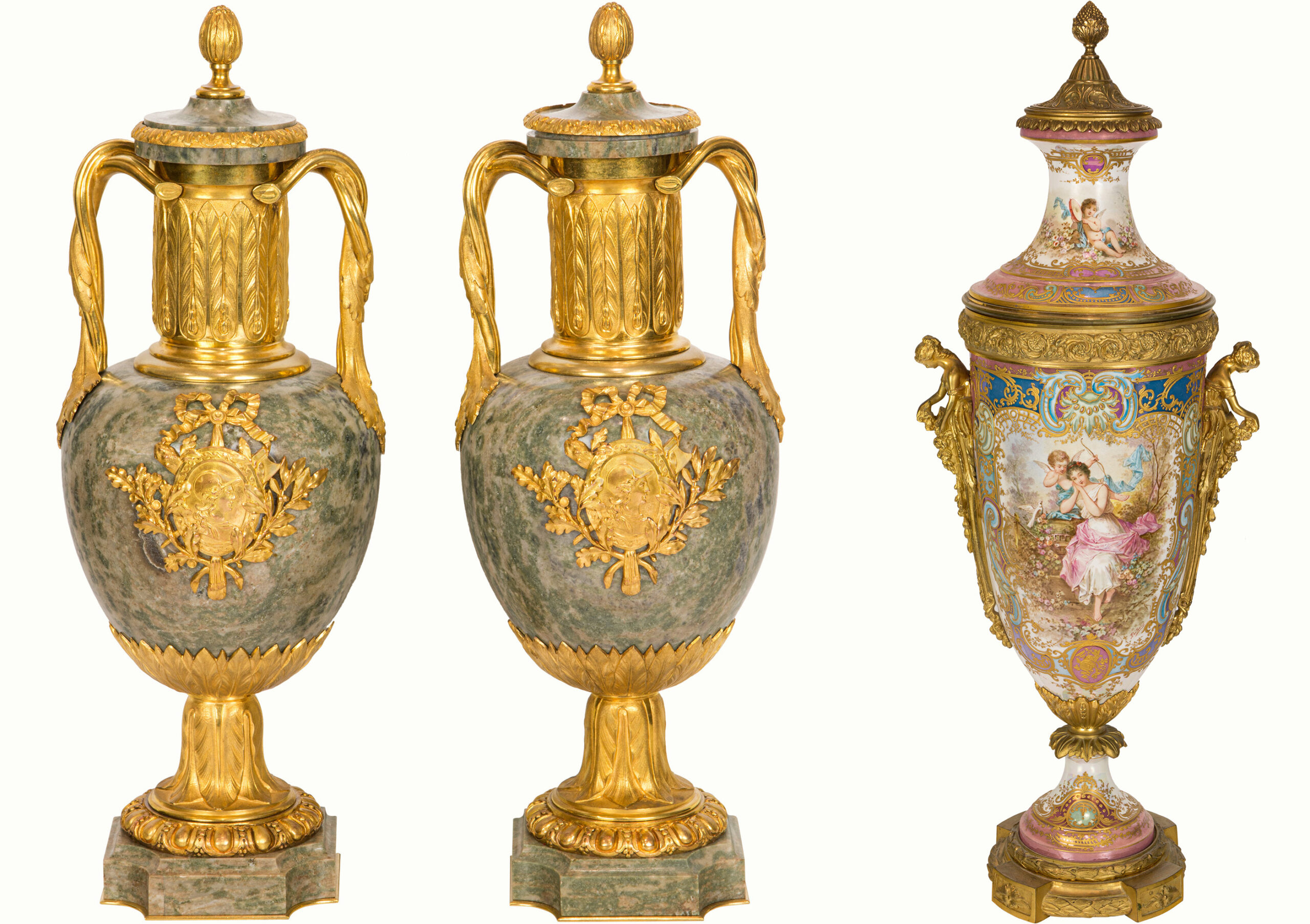 Left: A fine pair of Louis XVI style gilt bronze mounted marble urns by Susse Frères Foundry. Estimate: $1,800–$2,500 Right: An impressive Sèvres style luster and gilt decorated gilt bronze mounted porcelain covered urn, late 19th/early 20th century.