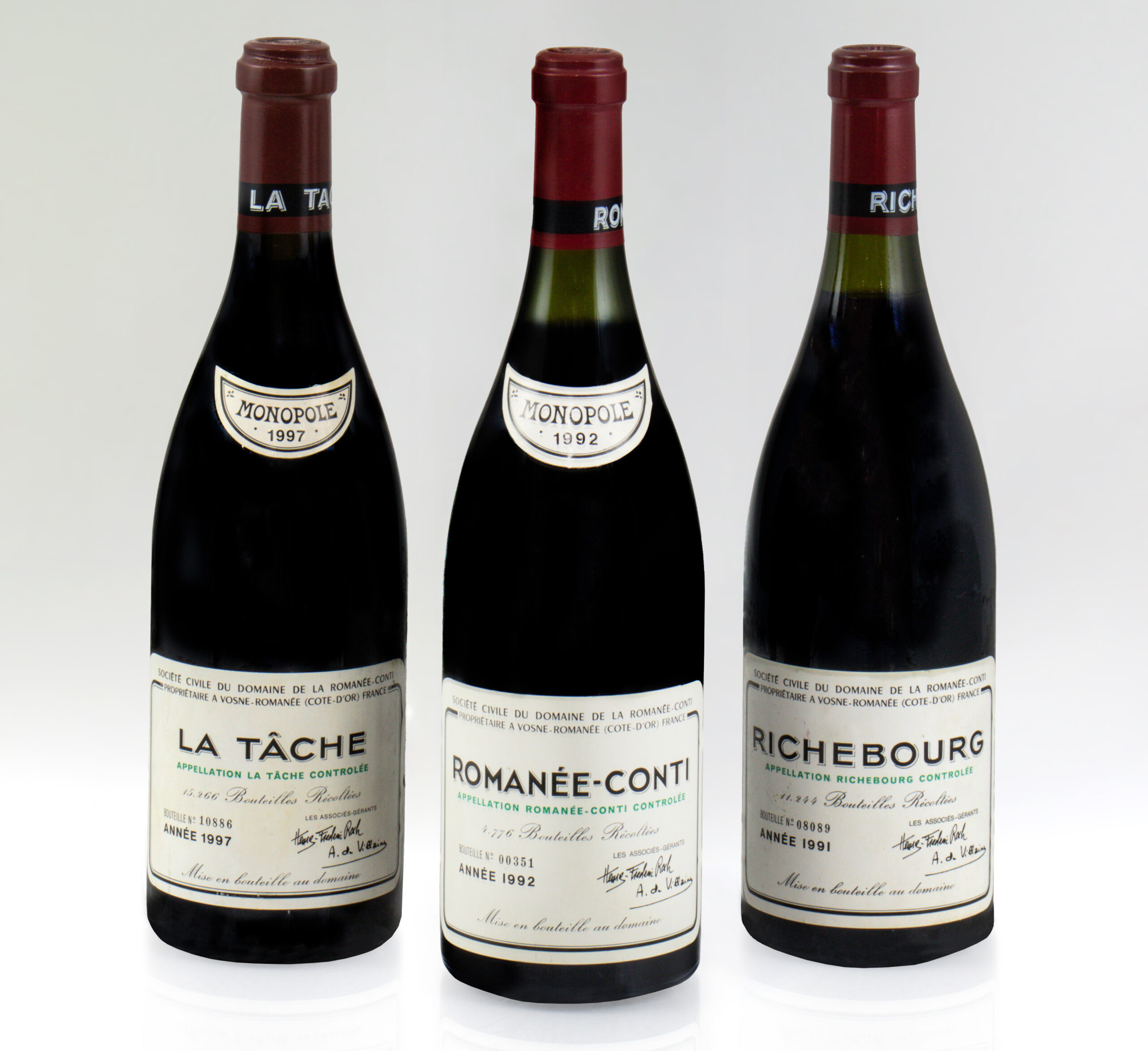From left to right: 1997 Domaine de la Romanée-Conti La Tâche Grand Cru Monopole; Estimate: $3,000–$5,000. 1992 Domaine de la Romanée-Conti Monopole; Estimate: $3,000–$5,000. 1991 Domaine de la Romanée-Conti Richebourg Grand Cru; Estimate: $4,000–$6,000. The sale will also feature a variety of fine French Bordeaux, Châteauneuf-du-Papes, and Burgundies from the 1960s, 1970s, 1980s, 1990s and early 2000s.