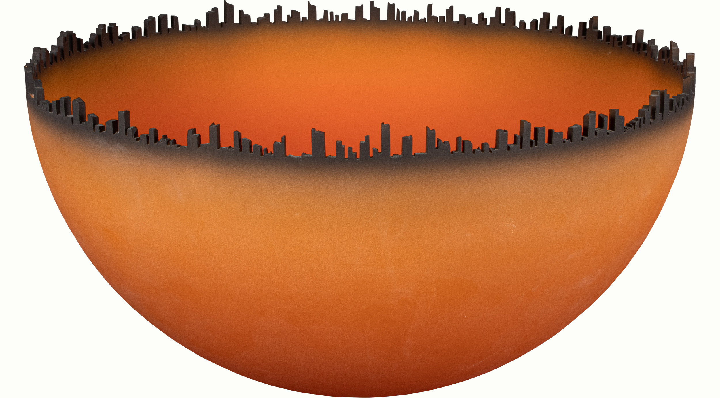 A Jay Musler sandblasted and airbrushed paint decorated glass Cityscape bowl.